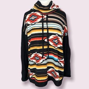 Southwestern Aztec Print Cowl Neck Tunic w/ Drawstrings and Thumb Holes